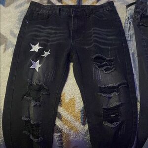 Black Distressed Jeans with Star Patches